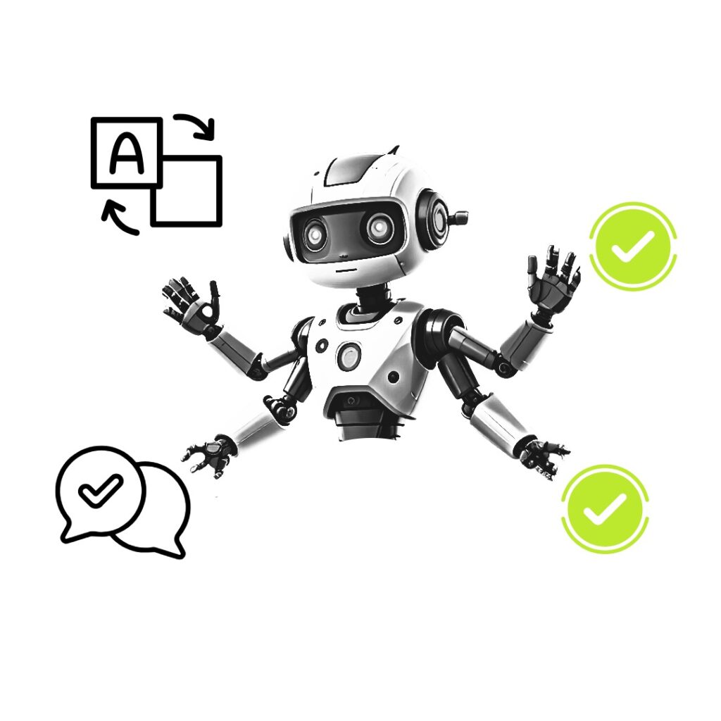 Robot with four arms completing various tasks. Completed items are shown in green.